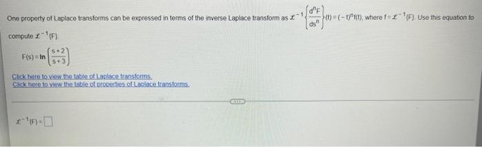 One Property Of Laplace Transforms Can Be Expressed In Terms Of The Inverse Laplace Transform As Compute F F S In S 2 1