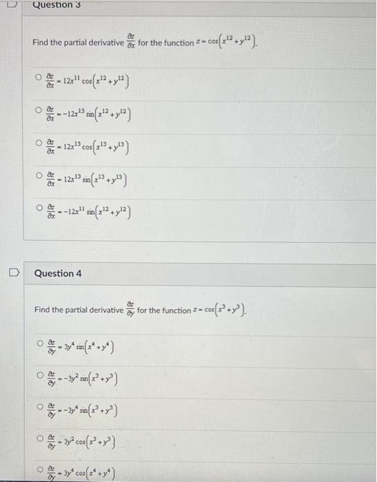 D Question 1 Find The Partial Derivative F For The Function F X X 8y 5 O F X Y 32x O F X Y 2x Of X Y 2