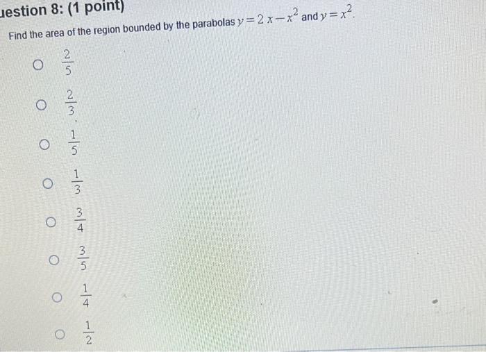 Estion 8 1 Point Find The Area Of The Region Bounded By The Parabolas Y 2 X X And Y X O O M 3 4 M S O 1