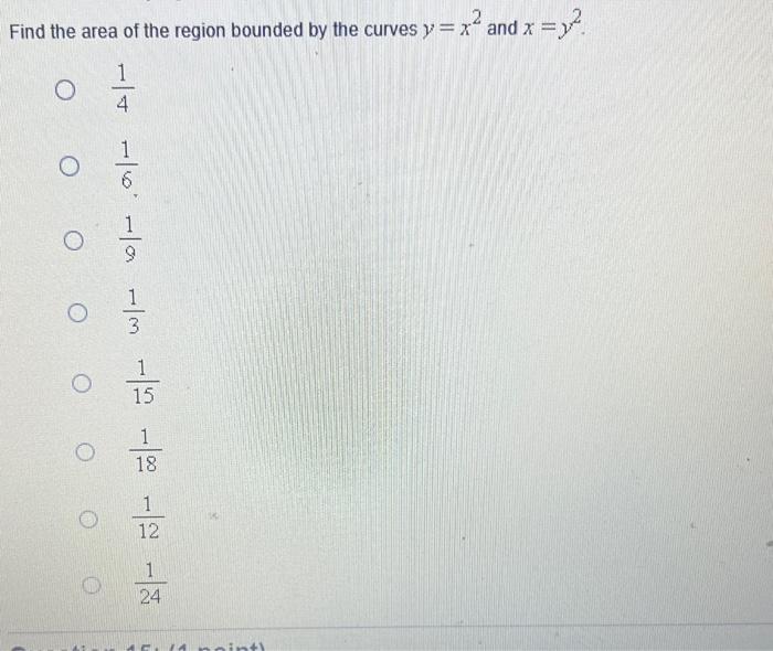 Find The Area Of The Region Bounded By The Curves Y X And X Y O 0 0 Oo O O 1 4 2 5 5 50 6 0 15 11 Point 1