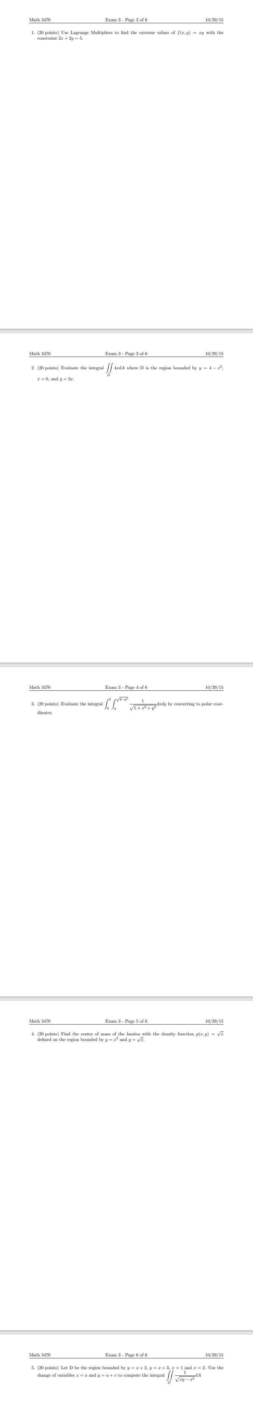 Math 3470 Math 3470 1 20 Points Use Lagrange Multipliers To Find The Extreme Values Of F X Y Xy With The Constrain 1