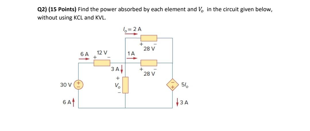 Q2 15 Points Find The Power Absorbed By Each Element And V In The Circuit Given Below Without Using Kcl And Kvl Bo 1