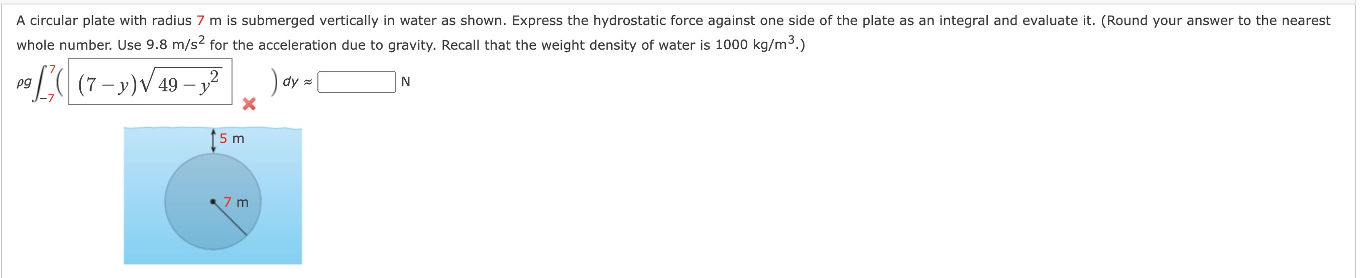 A Circular Plate With Radius 7 M Is Submerged Vertically In Water As Shown Express The Hydrostatic Force Against One Si 1