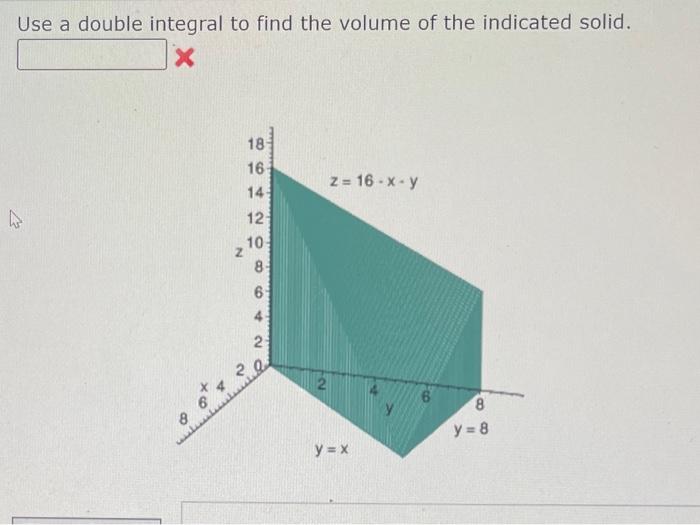 Use A Double Integral To Find The Volume Of The Indicated Solid X 4 8 Www N 18 8642 14 10 8 64 2 20 2 Z 16 X Y Y 1