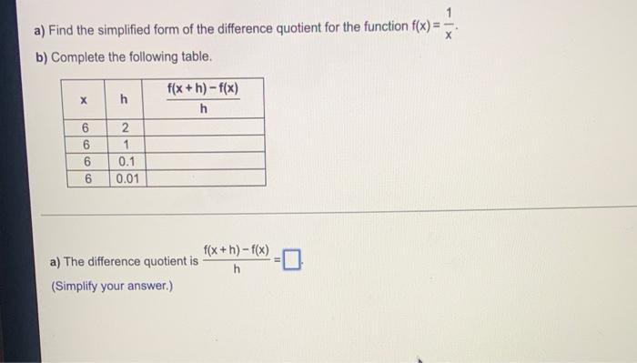 A Find The Simplified Form Of The Difference Quotient For The Function F X B Complete The Following Table X 6666 1