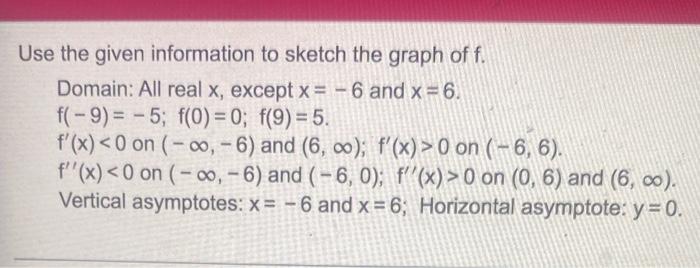 Use The Given Information To Sketch The Graph Of F Domain All Real X Except X 6 And X 6 F 9 5 F 0 0 F 1