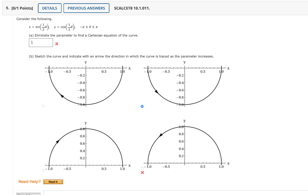 5 0 1 Points Details Previous Answers Consider The Following X Sin 10 Y Cos 10 50sx A Eliminate The Para 1