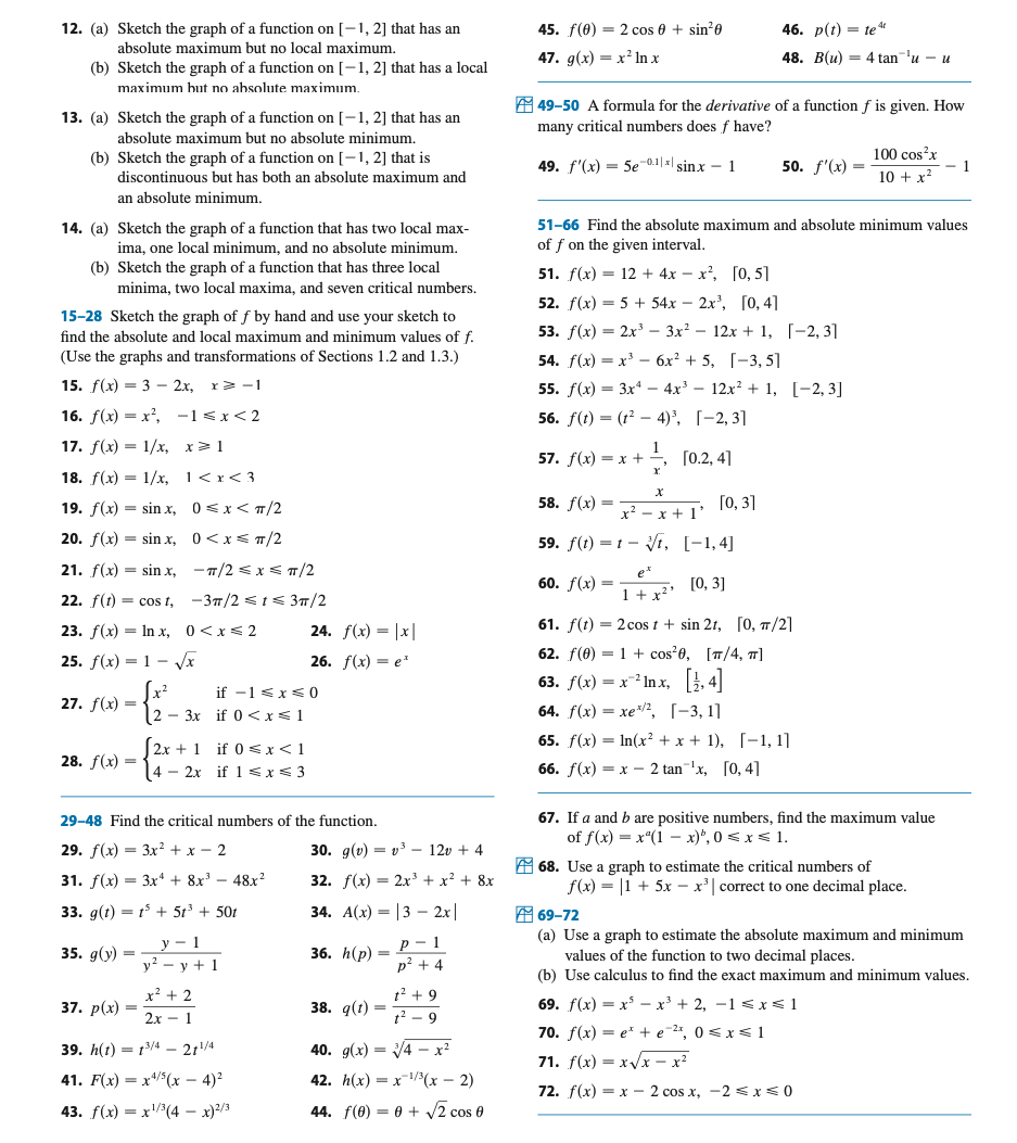12 A Sketch The Graph Of A Function On 1 2 That Has An Absolute Maximum But No Local Maximum B Sketch The Grap 1