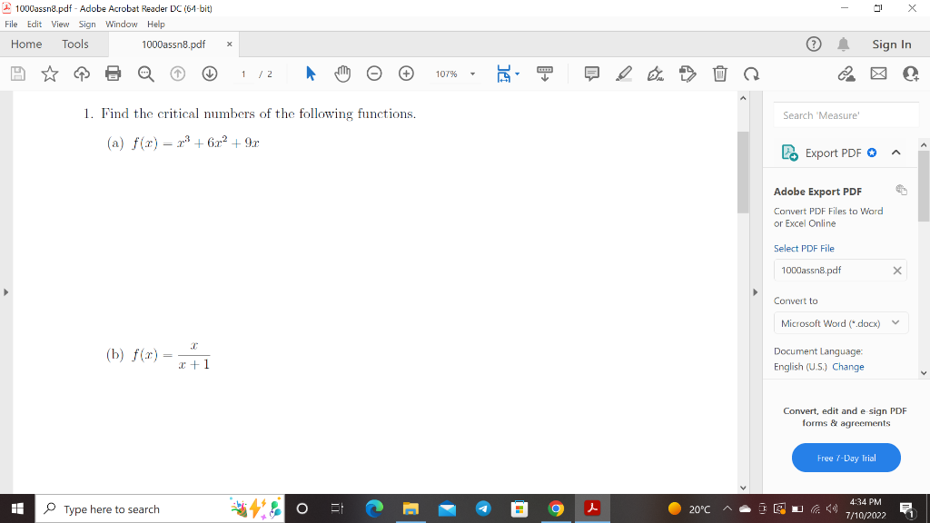 1000assn8 Pdf Adobe Acrobat Reader Dc 64 Bit File Edit View Sign Window Help Home Tools H 1000assn8 Pdf B F X 1