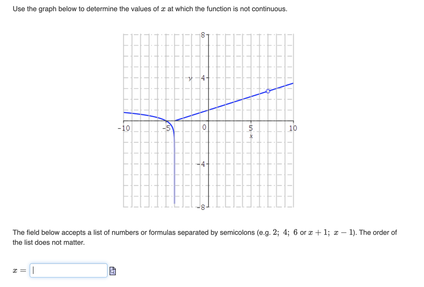 Use The Graph Below To Determine The Values Of X At Which The Function Is Not Continuous 10 X 5 0 Lax 10 The Fie 1