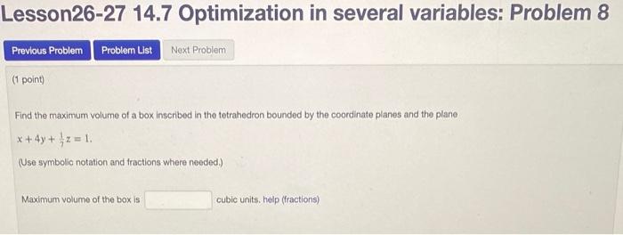 Lesson26 27 14 7 Optimization In Several Variables Problem 8 Previous Problem Problem List Next Problem 1 Point Find 1