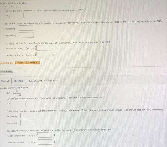 Aider The Following Function F X 7 X 21 A Find The Critical Numbers Of F Enter Your Answers As A Comma Separated L 1