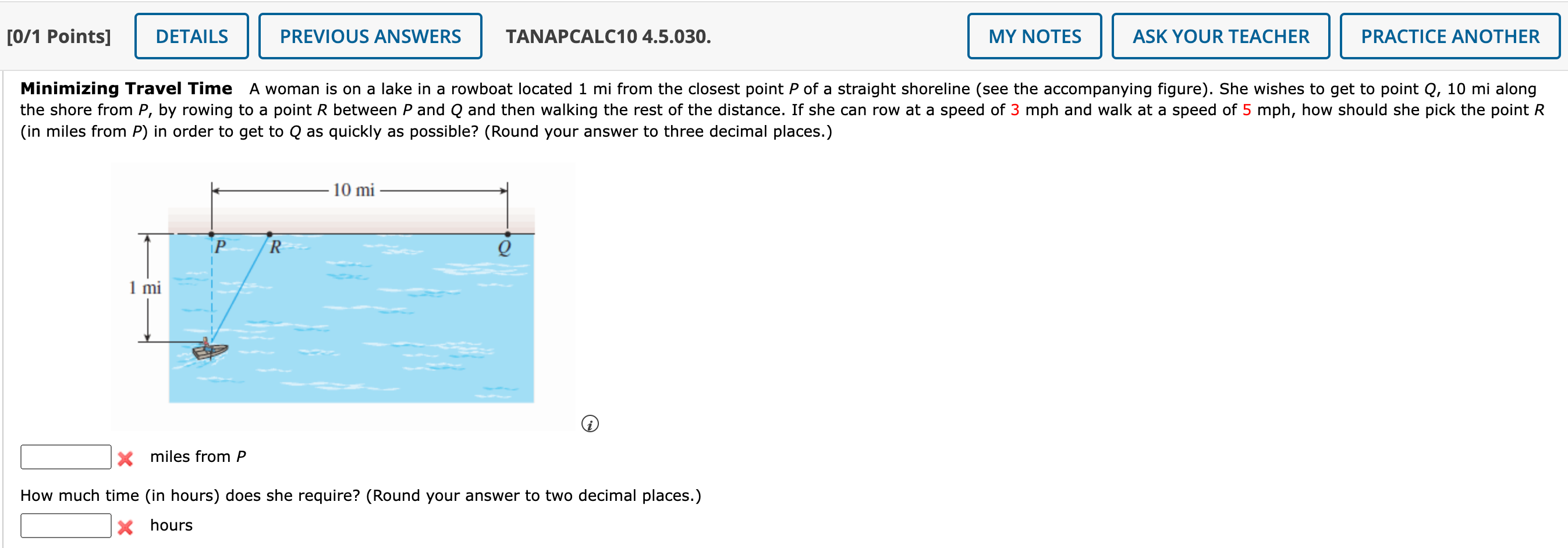 0 1 Points Details 1 Mi Previous Answers P R Tanapcalc10 4 5 030 Minimizing Travel Time A Woman Is On A Lake In A Row 1