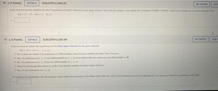 16 1 1 Points Details Scalcets 4 2 502 Xp Verify That The Function Satishes The Three Hypotheses Of Rolle S Theorem 1