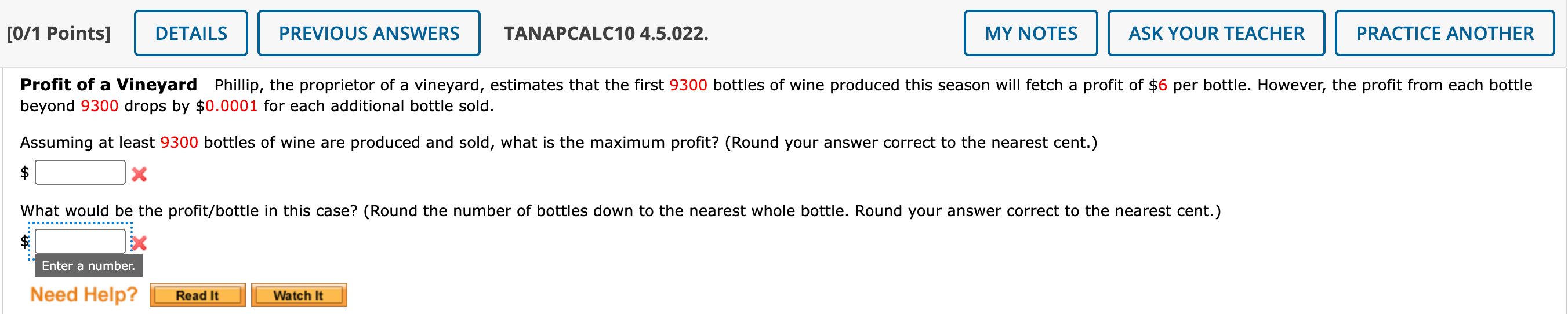 0 1 Points Details La Enter A Number Need Help Previous Answers Read It Tanapcalc10 4 5 022 Profit Of A Vineyard Ph 1