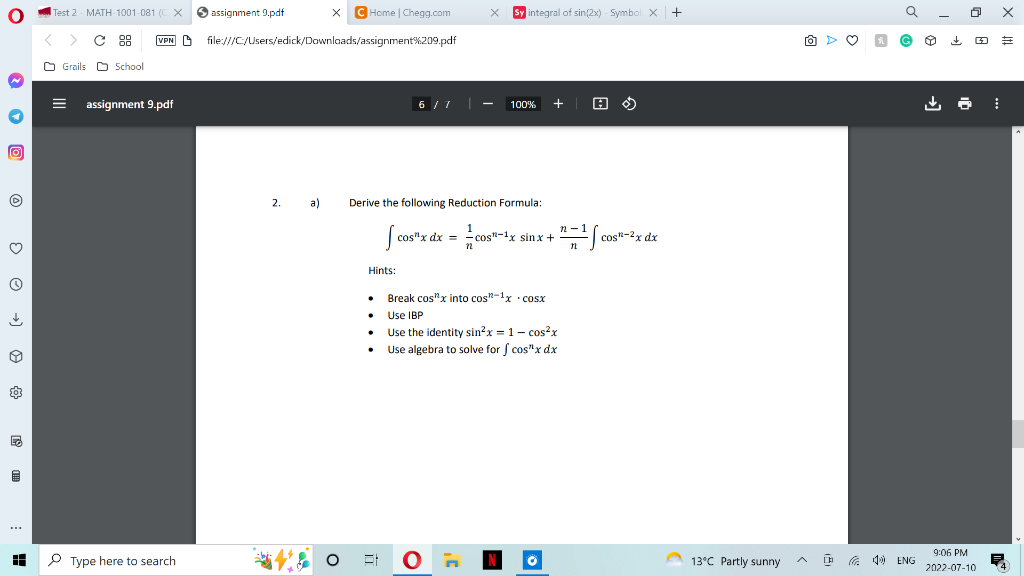 O 8 Hh Test 2 Math 1001 081 C X C 88 Vpn Grails School Assignment 9 Pdf Type Here To Search Assignment 9 Pdf 1