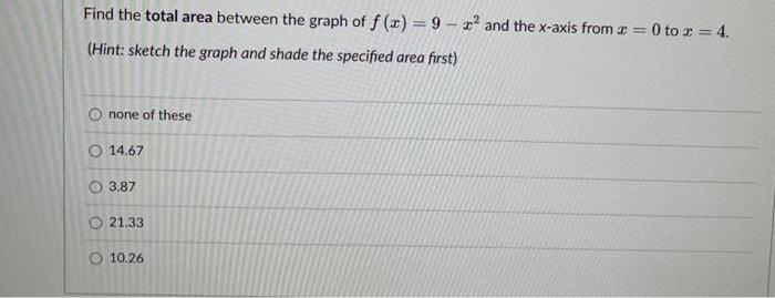 Find The Total Area Between The Graph Of F X 9 And The X Axis From X 0 To X 4 Hint Sketch The Graph And Shade 1
