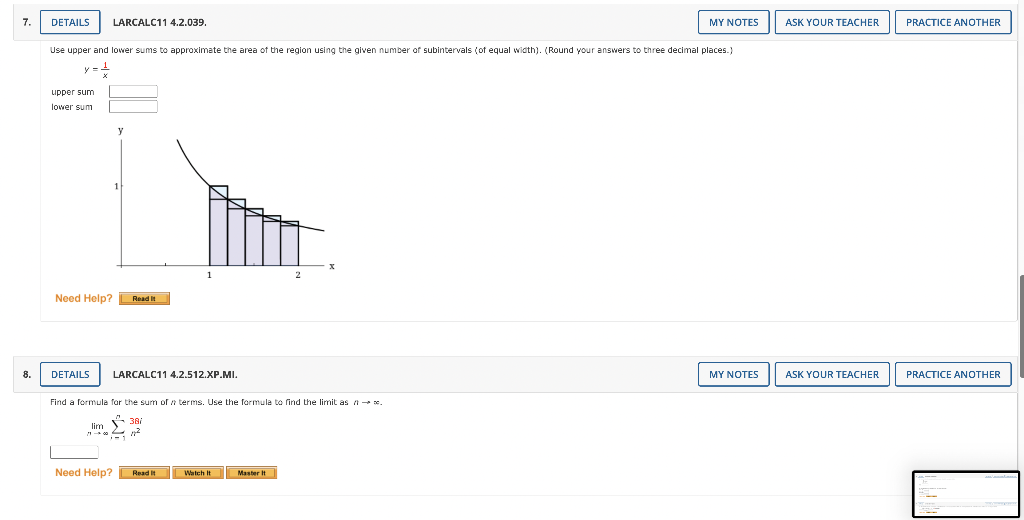 7 8 My Notes Use Upper And Lower Sums To Approximate The Area Of The Region Using The Given Number Of Subintervals Of 1