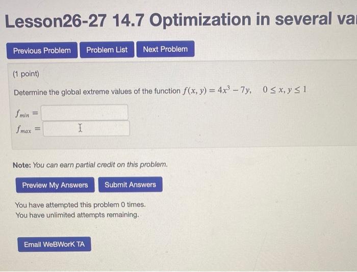 Lesson26 27 14 7 Optimization In Several Va Previous Problem Problem List Next Problem 1 Point Determine The Global Ex 1