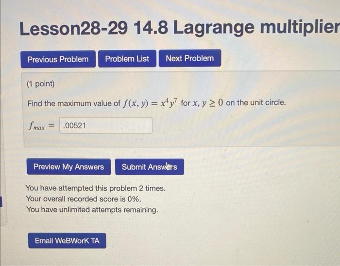 Lesson28 29 14 8 Lagrange Multipliers Probl Previous Problem Problem List Next Problem 1 Point Find The Point Xo Yo 2