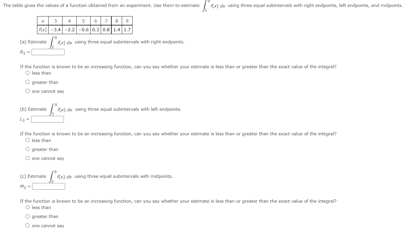 The Table Gives The Values Of A Function Obtained From An Experiment Use Them To Estimate Fo F X Dx Using Three Equal 1