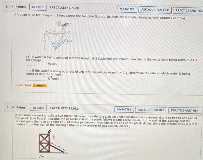 5 1 Points Details Larcalcet7 3 7 020 My Notes Ask Your Teacher Practice Another A Trough Is 12 Feet Long And 3 Fe 1