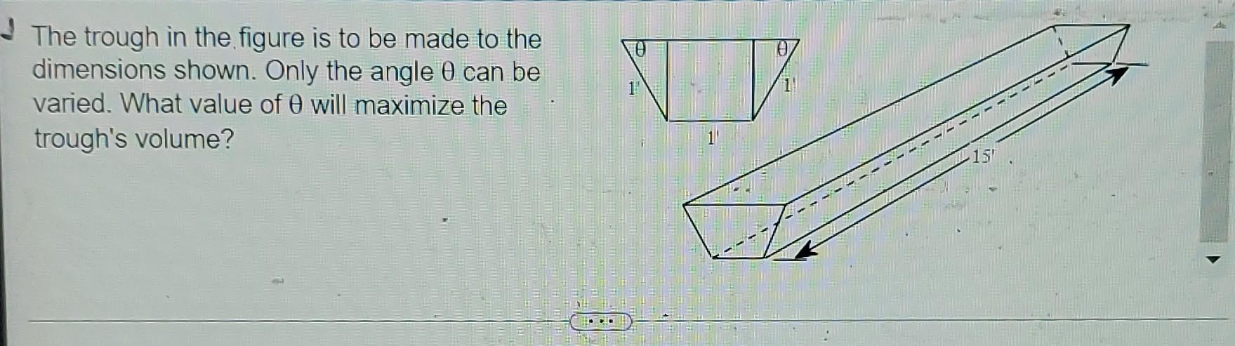 The Trough In The Figure Is To Be Made To The Dimensions Shown Only The Angle 0 Can Be Varied What Value Of 0 Will Max 1