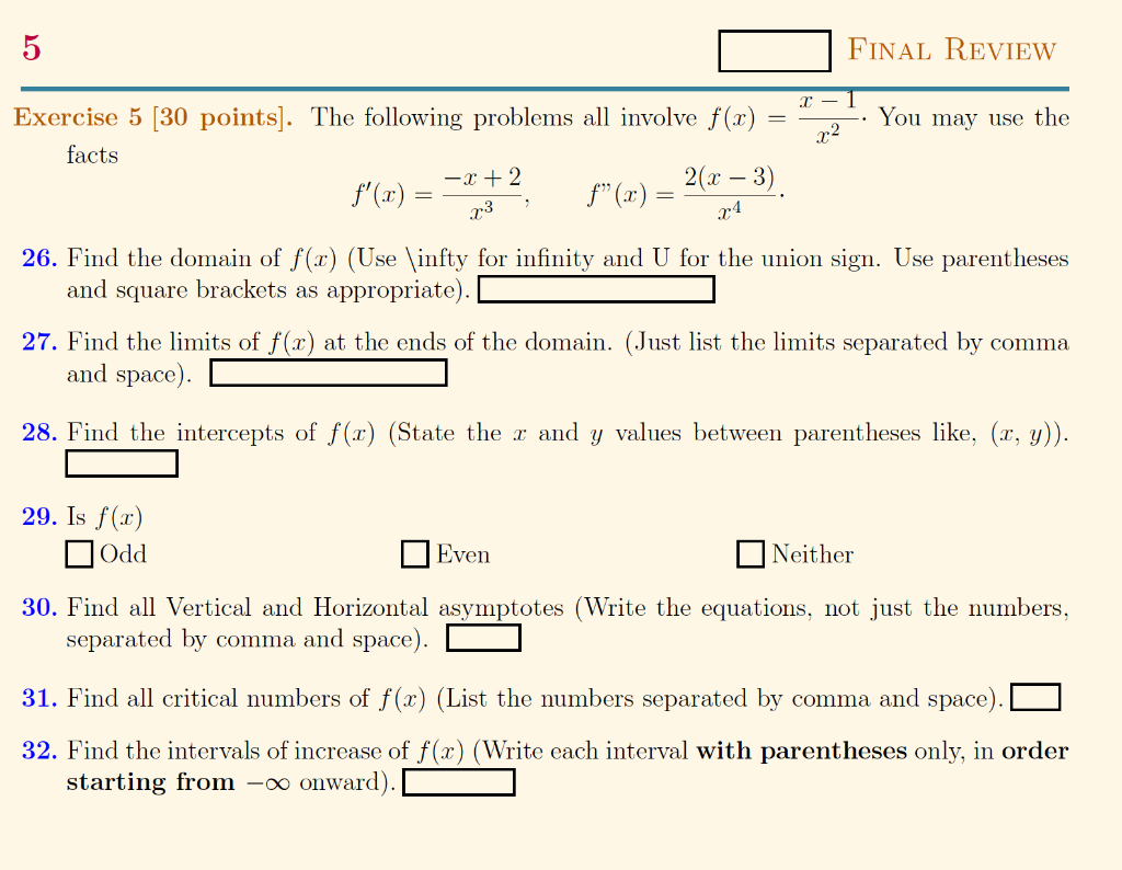 5 Exercise 5 30 Points The Following Problems All Involve F X Facts F X X 2 X 29 Is F X Odd 2 F X Ev 1