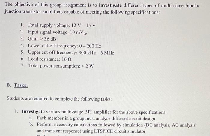 The Objective Of This Group Assignment Is To Investigate Different Types Of Multi Stage Bipolar Junction Transistor Ampl 1