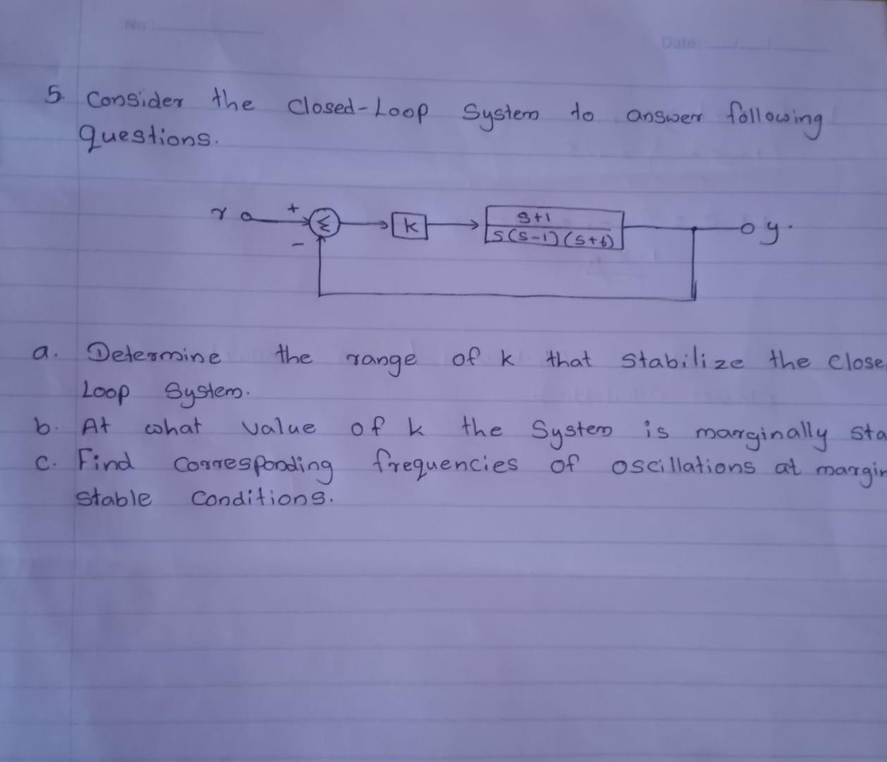 5 Consider The Closed Loop System Questions To Onswer Following Y 9 1 K S S 1 5 6 Oy Ogo Range Of K Determine The T 1