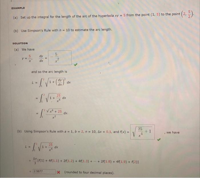 Example Nt 2 2 A Set Up The Integral For The Length Of The Arc Of The Hyperbola Xy 5 From The Point 1 5 To Th 1