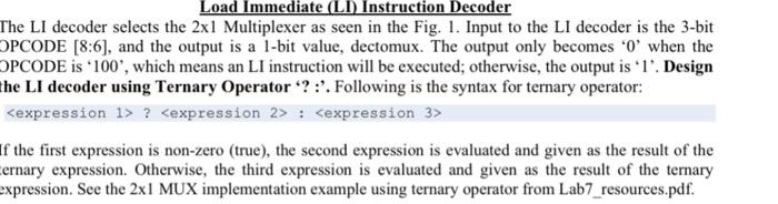 Load Immediate Li Instruction Decoder The Li Decoder Selects The 2x1 Multiplexer As Seen In The Fig 1 Input To The L 1