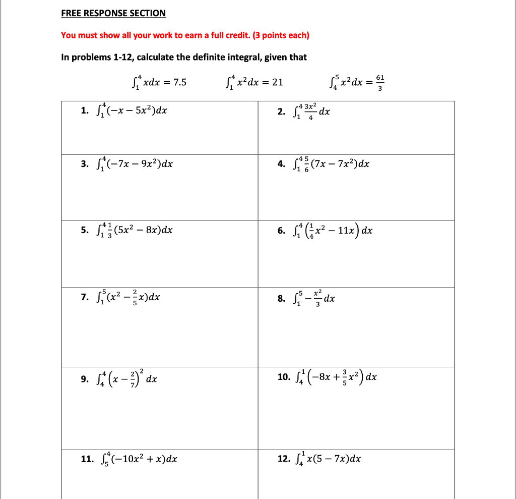 Free Response Section You Must Show All Your Work To Earn A Full Credit 3 Points Each In Problems 1 12 Calculate The 1