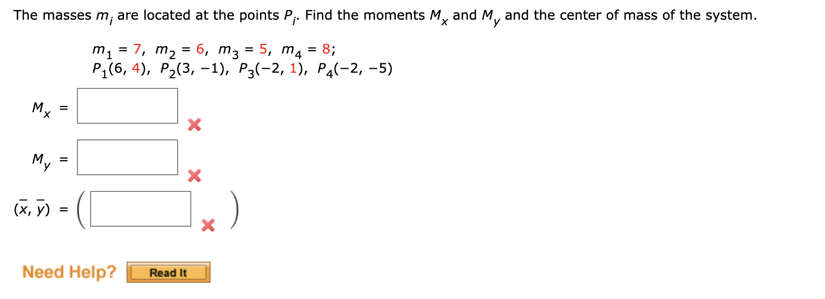 The Masses M Are Located At The Points P Find The Moments Mx And My And The Center Of Mass Of The System M 7 M 1