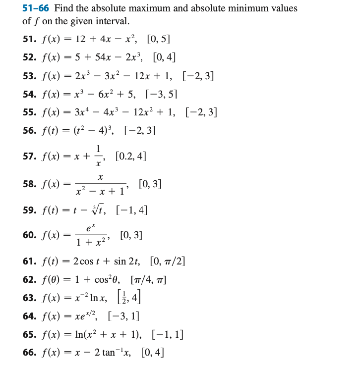 51 66 Find The Absolute Maximum And Absolute Minimum Values Of F On The Given Interval 51 F X 12 4x X 0 5 52 1