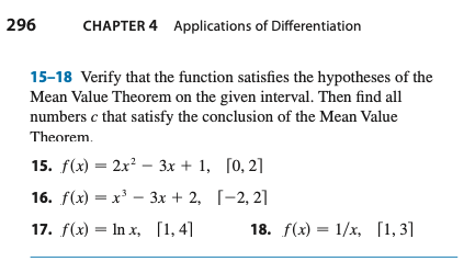 296 Chapter 4 Applications Of Differentiation 15 18 Verify That The Function Satisfies The Hypotheses Of The Mean Value 1