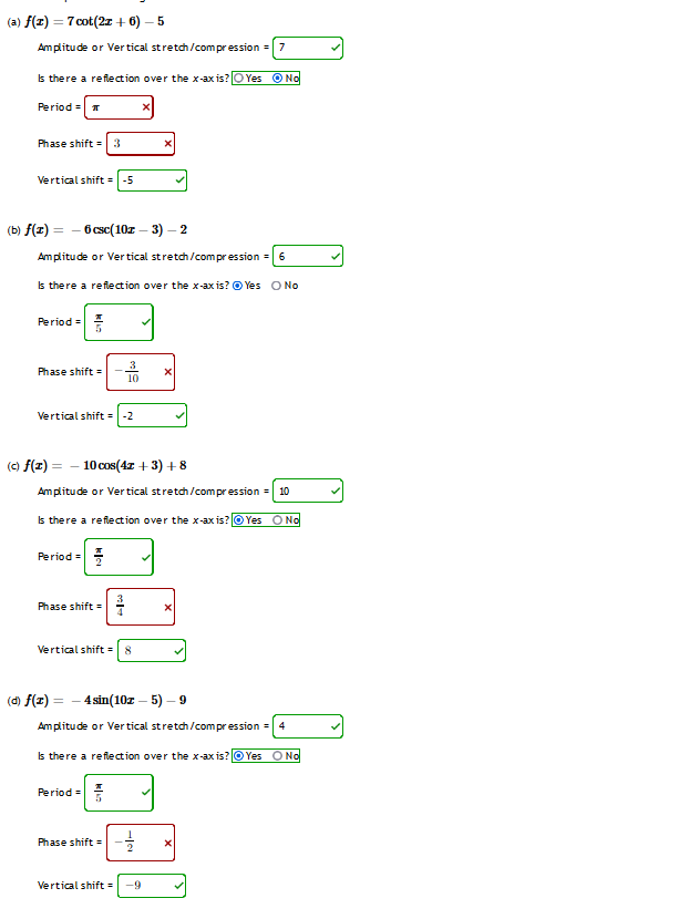A F X 7 Cot 2x 6 5 Amplitude Or Vertical Stretch Compression 7 Is There A Reflection Over The X Axis O Yes 1