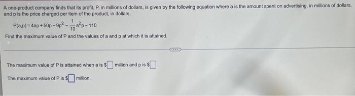A One Product Company Finds That Its Profit P In Millions Of Dollars Is Given By The Following Equation Where A Is Th 1
