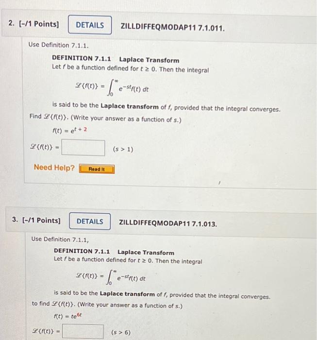 2 1 Points Details Use Definition 7 1 1 Definition 7 1 1 Laplace Transform Let F Be A Function Defined For T 0 T 1