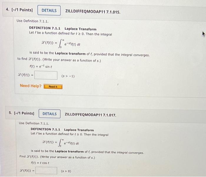 2 1 Points Details Use Definition 7 1 1 Definition 7 1 1 Laplace Transform Let F Be A Function Defined For T 0 T 2