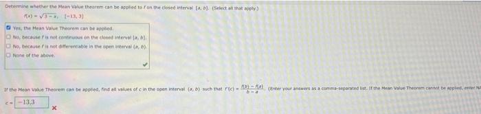Determine Whether The Mean Value Theorem Can Be Applied To Fon The Closed Interval A B Select All That Apply 7x 1