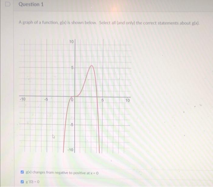 D Question 1 A Graph Of A Function G X Is Shown Below Select All And Only The Correct Statements About G X 10 10 1