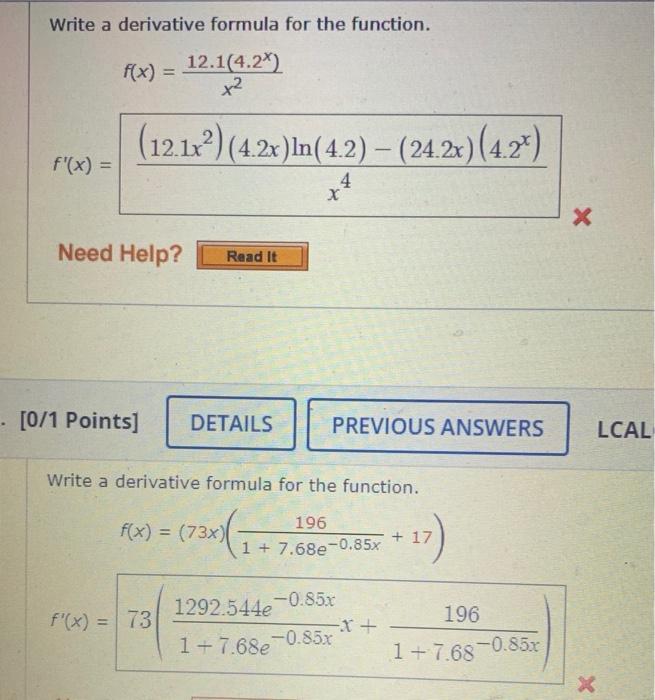 Write A Derivative Formula For The Function 12 1 4 2 X F X F X 12 1x 4 2x Ln 4 2 24 2x 4 2 4 Nee 1