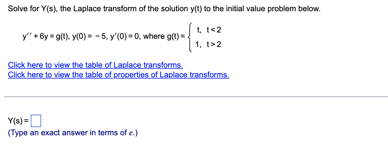 Solve For Y S The Laplace Transform Of The Solution Y T To The Initial Value Problem Below Y 6y G T Y 0 5 Y 1