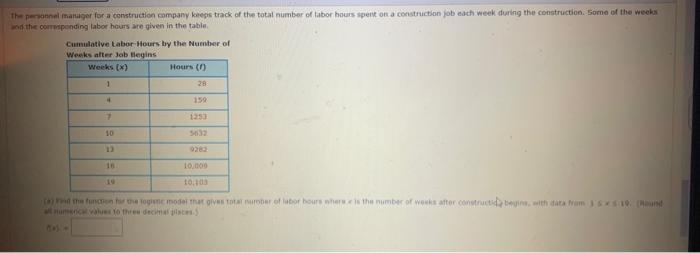 The Personnel Manager For A Construction Company Keeps Track Of The Total Number Of Labor Hours Spent On A Construction 1