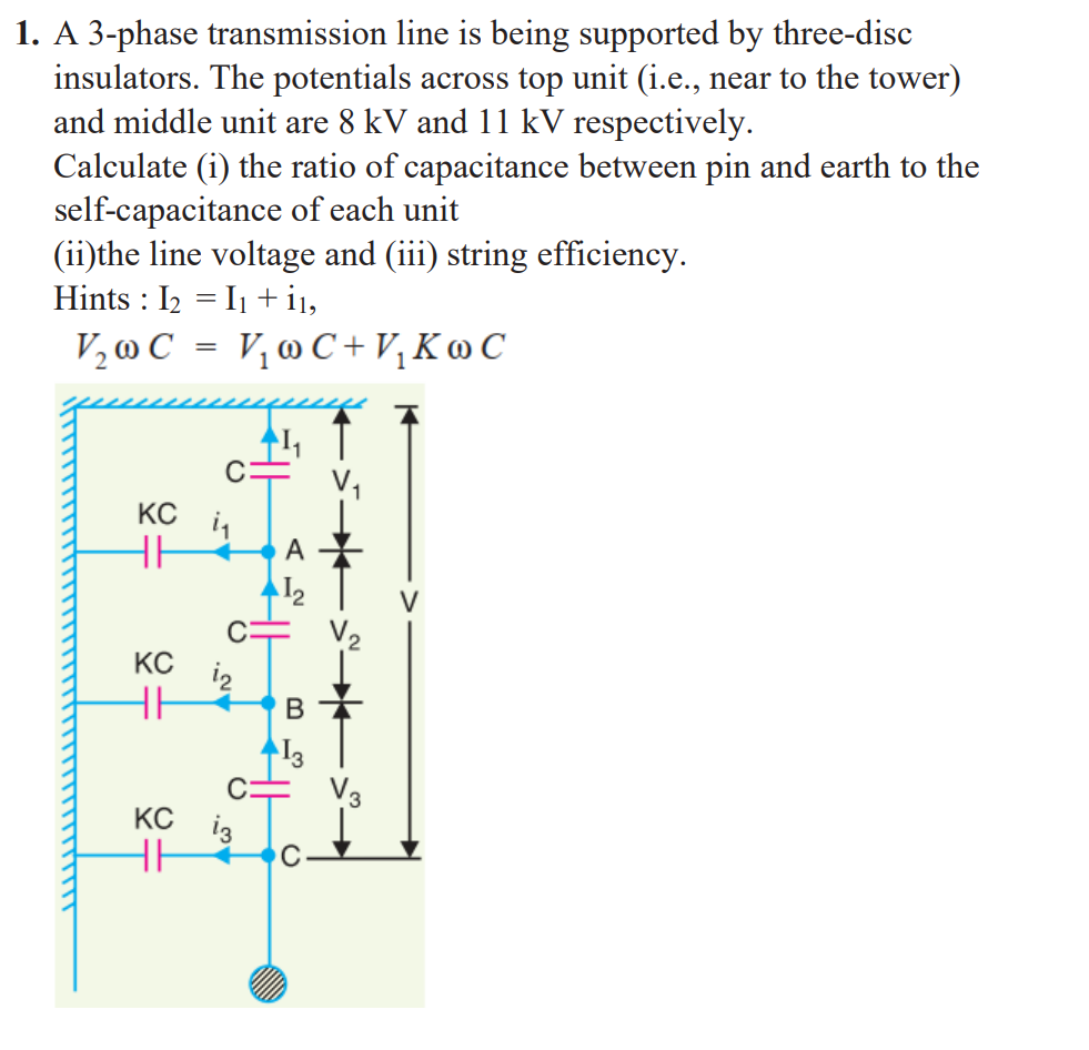 1 A 3 Phase Transmission Line Is Being Supported By Three Disc Insulators The Potentials Across Top Unit I E Near T 1