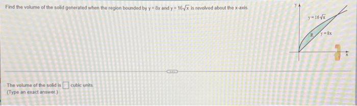 Find The Volume Of The Solid Generated When The Region Bounded By Y 8x And Y 16 X Is Revolved About The X Axis The Vo 1