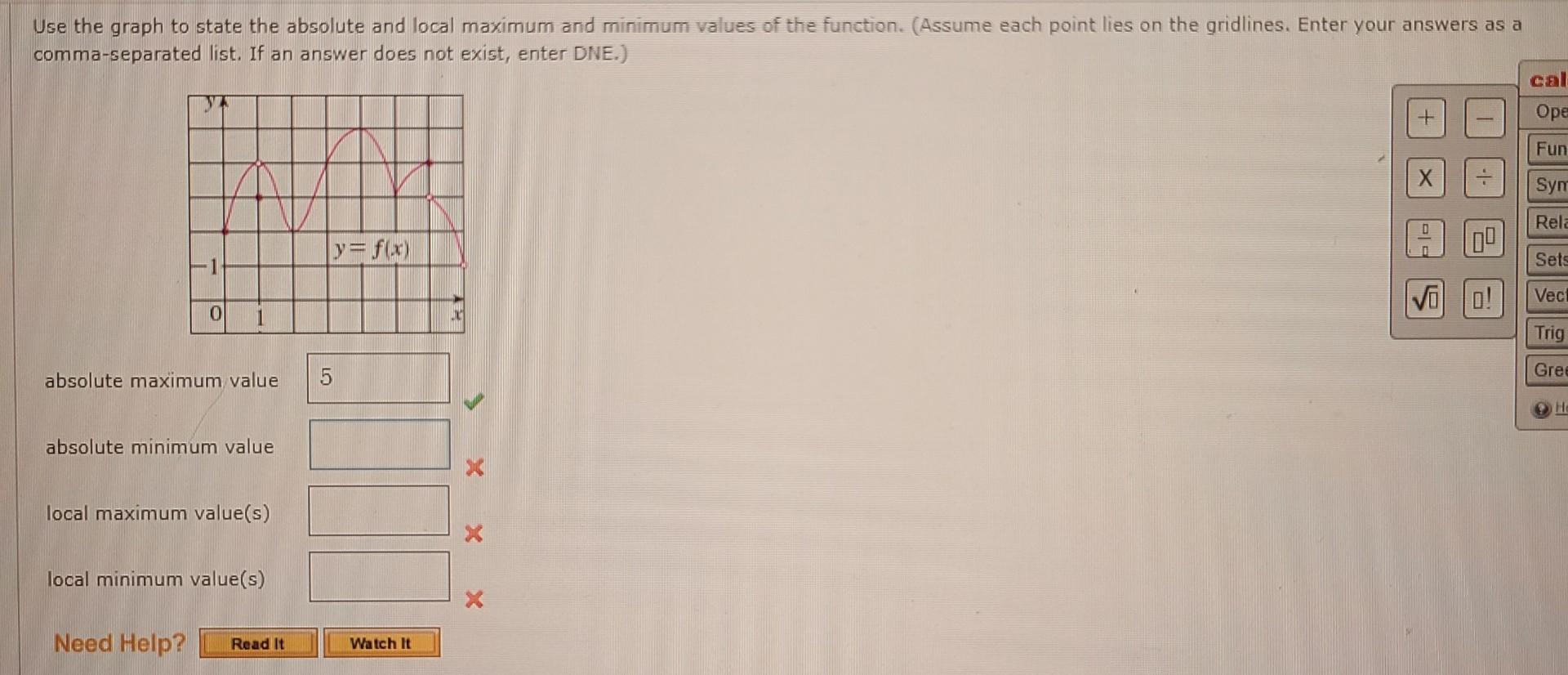 Use The Graph To State The Absolute And Local Maximum And Minimum Values Of The Function Assume Each Point Lies On The 1