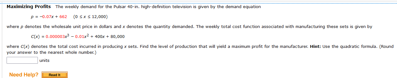 Maximizing Profits The Weekly Demand For The Pulsar 40 In High Definition Television Is Given By The Demand Equation P 1