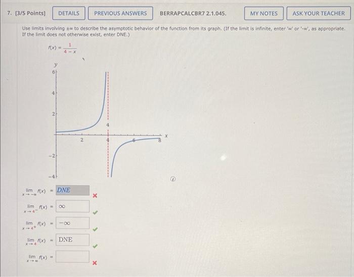7 3 5 Points Details Previous Answers Use Limits Involving 1 To Describe The Asymptotic Behavior Of The Function From 1